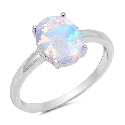 Sterling Silver Solid Oval White Opal Ring