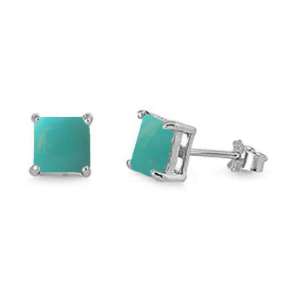 Sterling Silver Princess Shape Natural Turquoise Stud Earrings - silverdepot