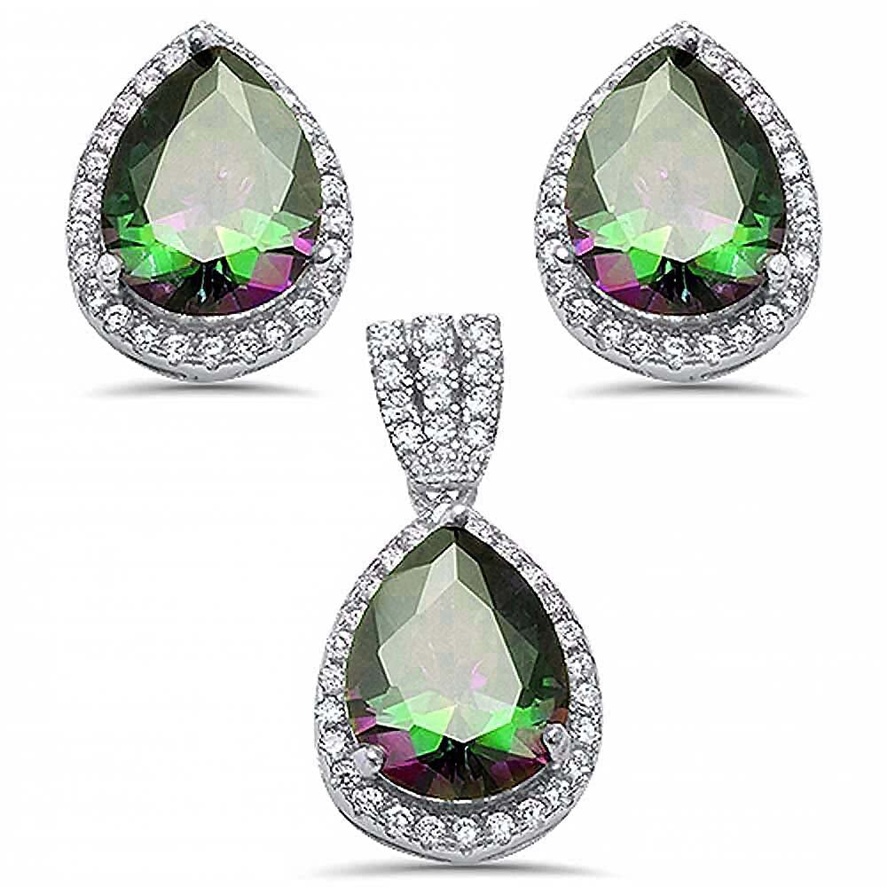 Sterling Silver Pear Shape Rainbow Topaz and Cubic Zirconia Earring And Pendant Set