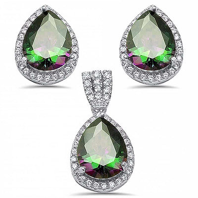 Sterling Silver Pear Shape Rainbow Topaz and Cubic Zirconia Earring And Pendant Set