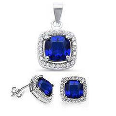 Sterling Silver Cushion Cut Blue Sapphire & Cz Earring and Pendant Jewelry setAnd Length .70 inches