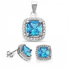 Load image into Gallery viewer, Sterling Silver Cushion Cut Blue Topaz and Clear Cz Earring And Pendant Set
