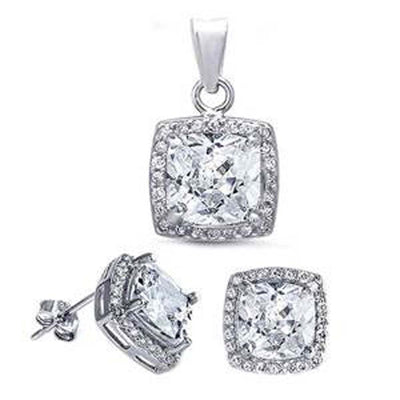 Sterling Silver CZ Halo Earring and Pendant Set, Thickness 11mm