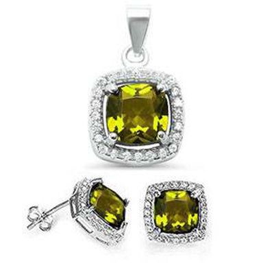 Sterling Silver Peridot and CZ Halo Earring and Pendant Set, Thickness 11mm