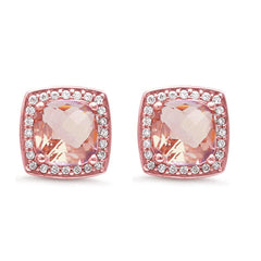 Sterling Silver Rose Gold Plated Casting Square Princess Cut Halo Morganite Earrings