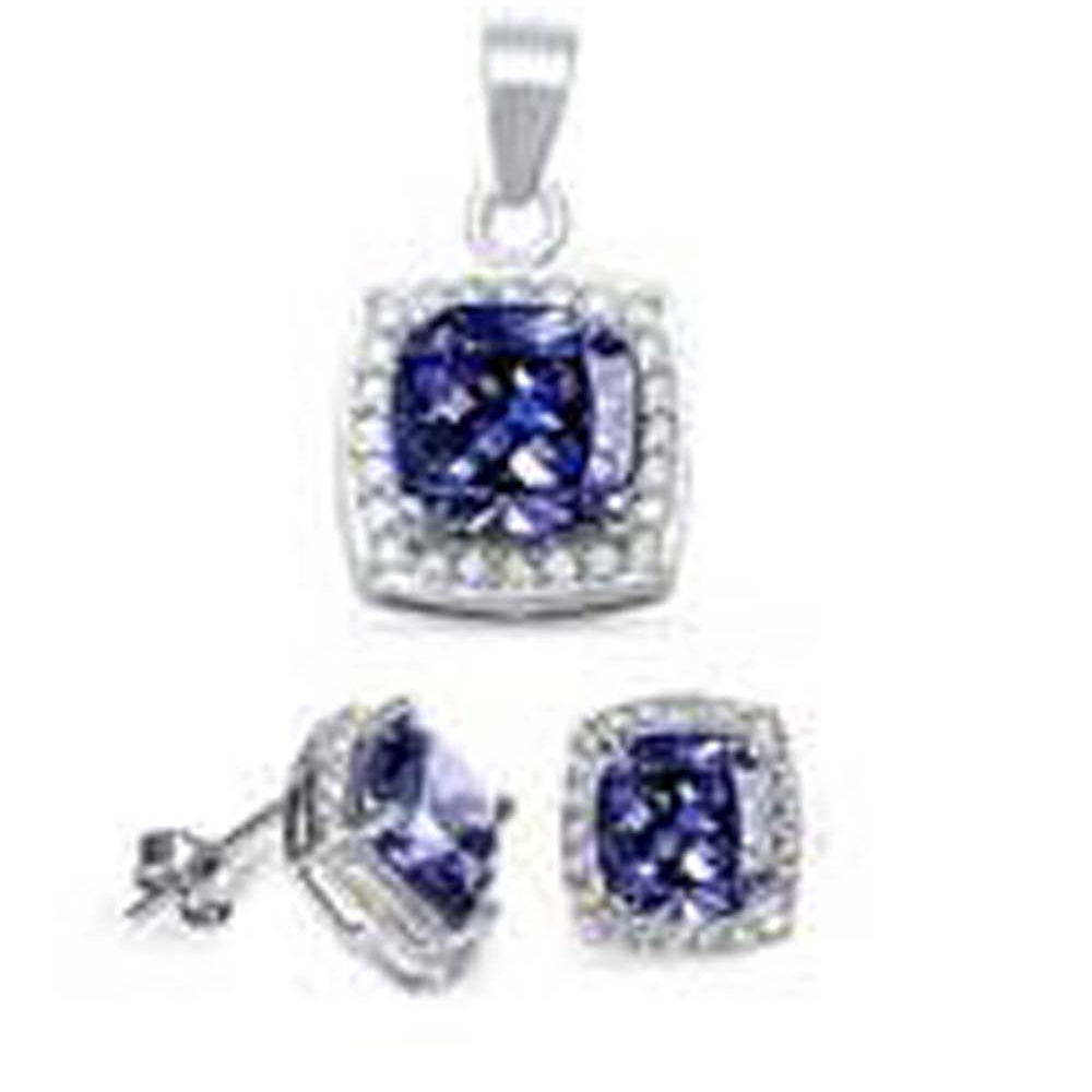 Sterling Silver Cushion Tanzanite and Cz Pendant and Earring Set