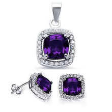 Load image into Gallery viewer, Sterling Silver Amethyst And Cubic Zirconia Halo Earring And Pendant Set