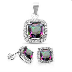 Sterling Silver Cushion Rainbow Topaz And Cubic Zirconia Pendant And Earring Set
