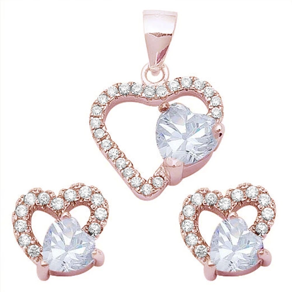 Sterling Silver Rose Gold Plated White Cubic Zirconia Heart Earring And Pendant Jewelry Set