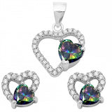 Sterling Silver Rainbow Topaz and Clear Cz Heart Earring And Pendant Set