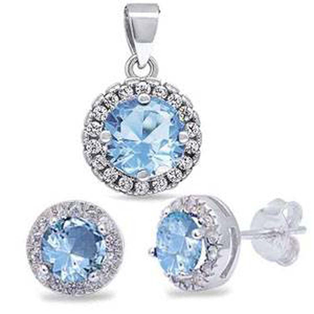 Sterling Silver Aquamarine Halo Solitaire Earring & Pendant SetAnd Width 8.5mm