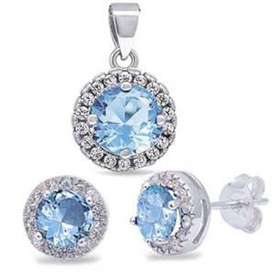 Sterling Silver Aquamarine Halo Solitaire Earring & Pendant Set, Width 8.5mm