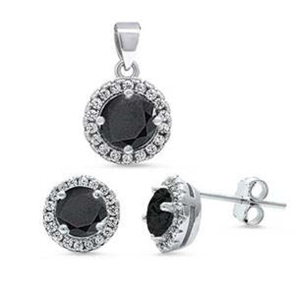 Sterling Silver Halo Black Onyx And CZ Earring And Pendant Set