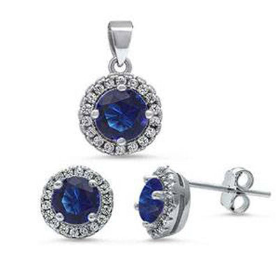 Sterling Silver Halo Blue Sapphire & Cz Earring And Pendant Set