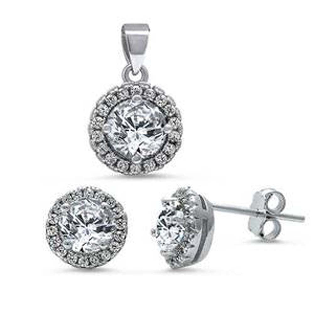 Sterling Silver Halo Fine Cz Earring And Pendant Set