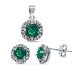 Sterling Silver Halo Green Emerald And Cz Earring And Pendant Set