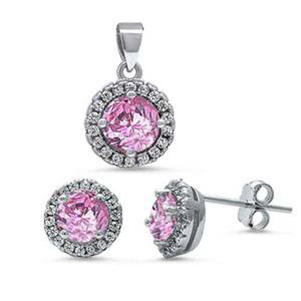 Sterling Silver Halo Pink Cz And White Cz Earring And Pendant Set