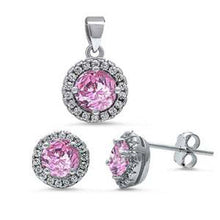 Load image into Gallery viewer, Sterling Silver Halo Pink Cz And White Cz Earring And Pendant Set