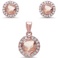 Sterling Silver Rose Gold Plated Halo Morganite & Cubic Zirconia Pendant & Earring