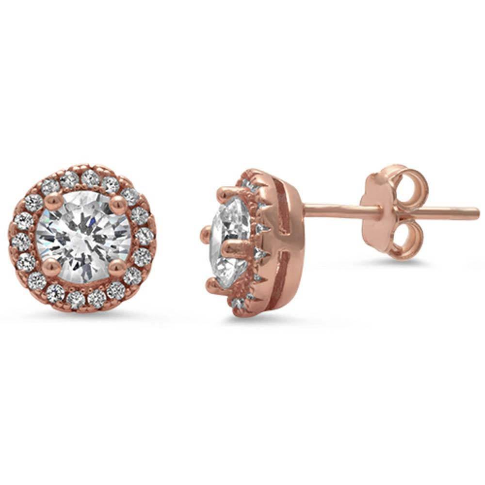 Sterling Silver Rose Gold Plated Halo Cz Earrings