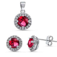 Load image into Gallery viewer, Sterling Silver Halo Ruby &amp; Cz Pendant and Earring set