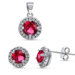 Sterling Silver Halo Ruby & Cz Pendant and Earring set