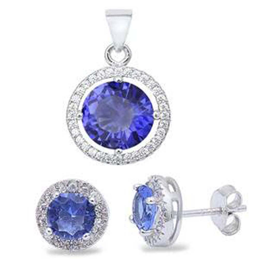 Sterling Silver Round Tanzanite And Cubic Zirconia Earring And Pendant SetAnd Thickness 13mm