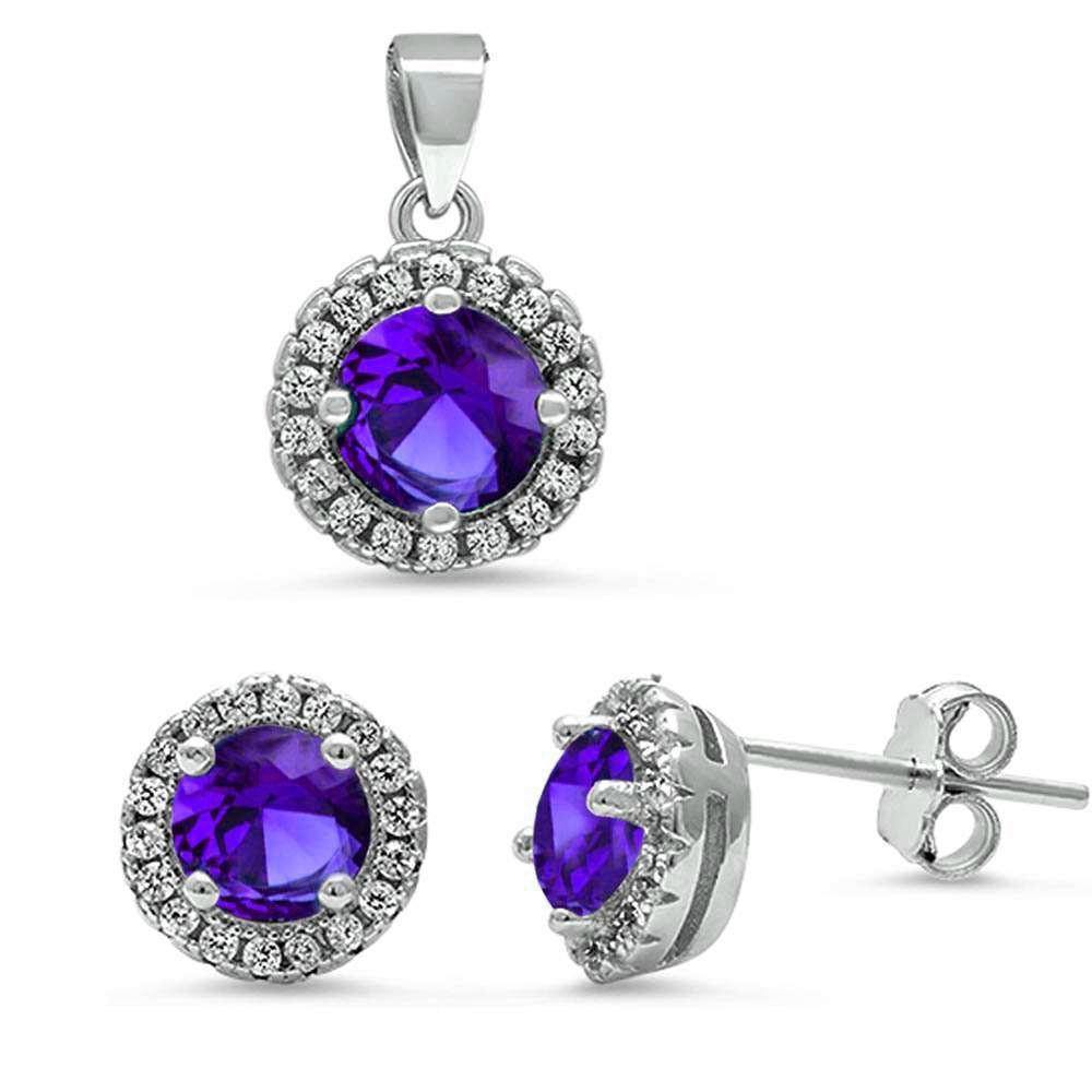 Sterling Silver Halo Amethyst and Cz Pendant and Earring Set - silverdepot