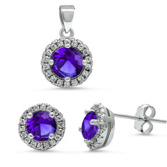Sterling Silver Halo Amethyst and Cz Pendant and Earring Set