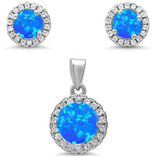 Load image into Gallery viewer, Sterling Silver Round Halo Blue Opal And Cubic Zirconia Pendant And Earrings