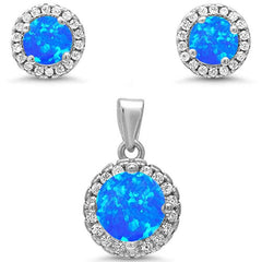 Sterling Silver Round Halo Blue Opal And Cubic Zirconia Pendant And Earrings
