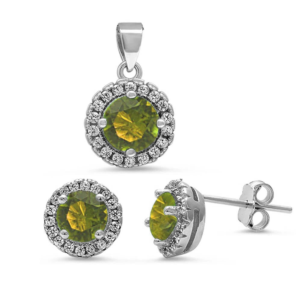 Sterling Silver Round Halo Peridot And Cubic Zirconia Pendant And Earring Set