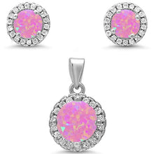 Load image into Gallery viewer, Sterling Silver Round Halo Pink Opal And Cubic Zirconia Pendant And Earrings