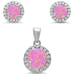 Sterling Silver Round Halo Pink Opal And Cubic Zirconia Pendant And Earrings