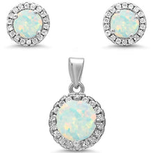Load image into Gallery viewer, Sterling Silver Round Halo White Opal And Cubic Zirconia Pendant And Earrings