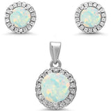 Sterling Silver Round Halo White Opal And Cubic Zirconia Pendant And Earrings