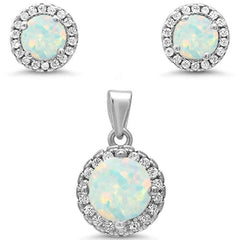 Sterling Silver Round Halo White Opal And Cubic Zirconia Pendant And Earrings