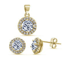 Load image into Gallery viewer, Sterling Silver Yellow Gold Plated Halo Cubic Zirconia Pendant And Earrings Set