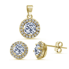 Sterling Silver Yellow Gold Plated Halo Cubic Zirconia Pendant And Earrings Set