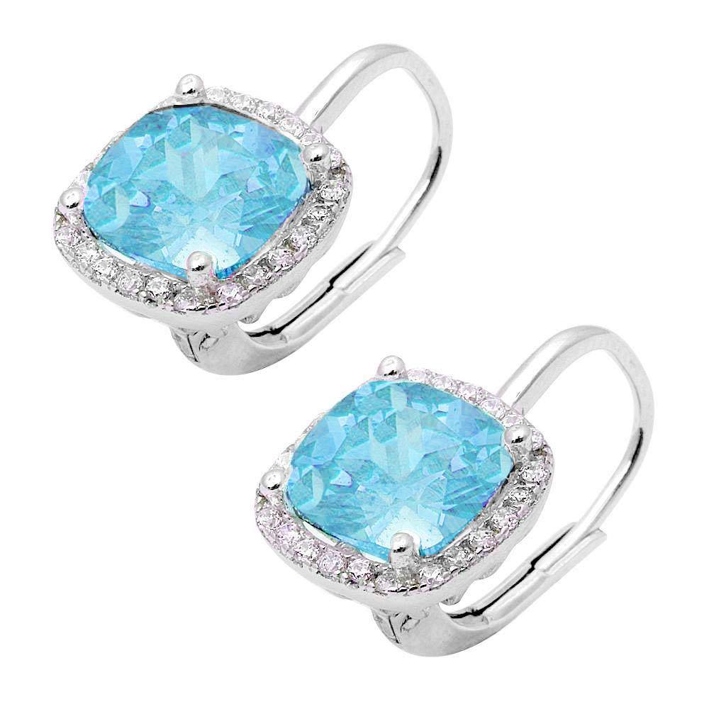 Sterling Silver Cushion Cut Aquamarine and Cubic Zirconia .925 EarringsAnd Width 10mm