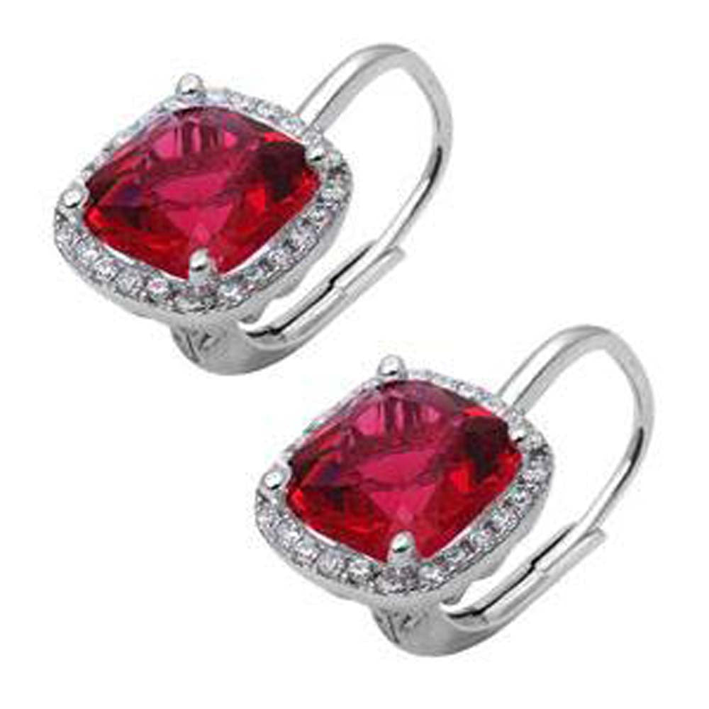 Sterling Silver Cushion Cut Shaped Ruby Earring with CZ StonesAnd Width 10 mm