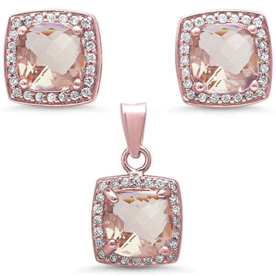 Sterling Silver Morganite Silver Rose Gold Plated Halo Morganite and Cubic Zirconia Earring and Pendant Set