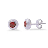 Sterling Silver Red Garnet Bezel Studs EarringsAnd Thickness 7mm