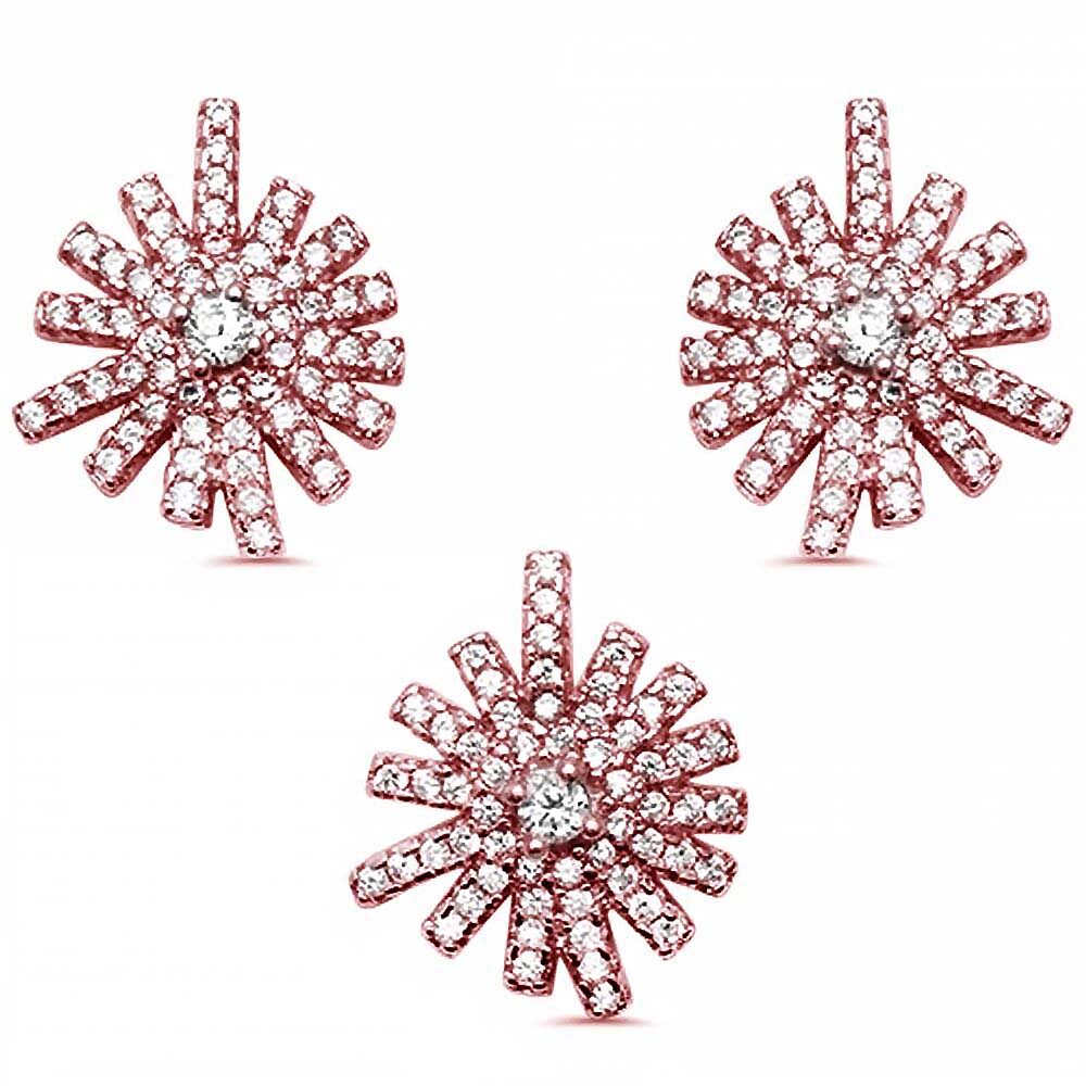 Sterling Silver Rose Plated Cubic Zirconia Starburst Earring And Pendant Set