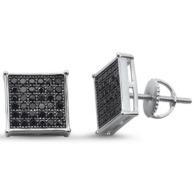 Sterling Silver Princess Black Hip Hop Micro Pave Cubic Zirconia Stud Earrings