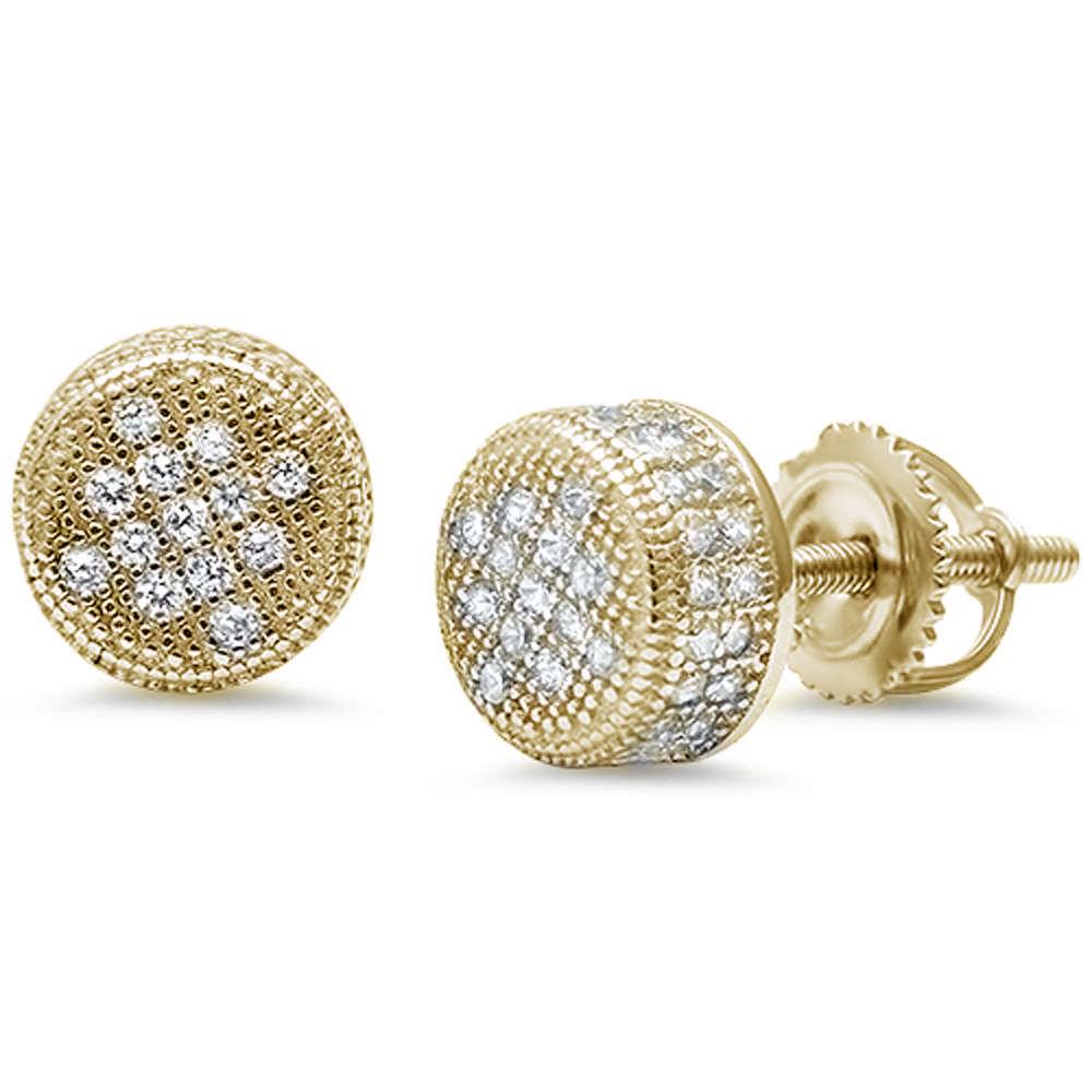 Sterling Silver Micro Pave Yellow Gold Plated Round Raised Stud Earrings
