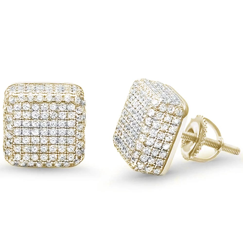 Sterling Silver Micro Pave Yellow Gold Plated Hip Hop Square Stud Earrings