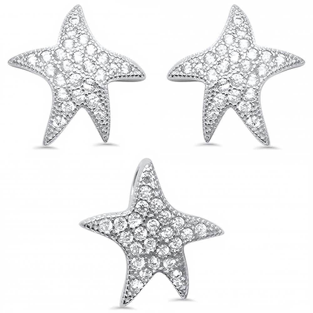 Sterling Silver Cute Starfish Cubic Zirconia Earring And Pendant Set