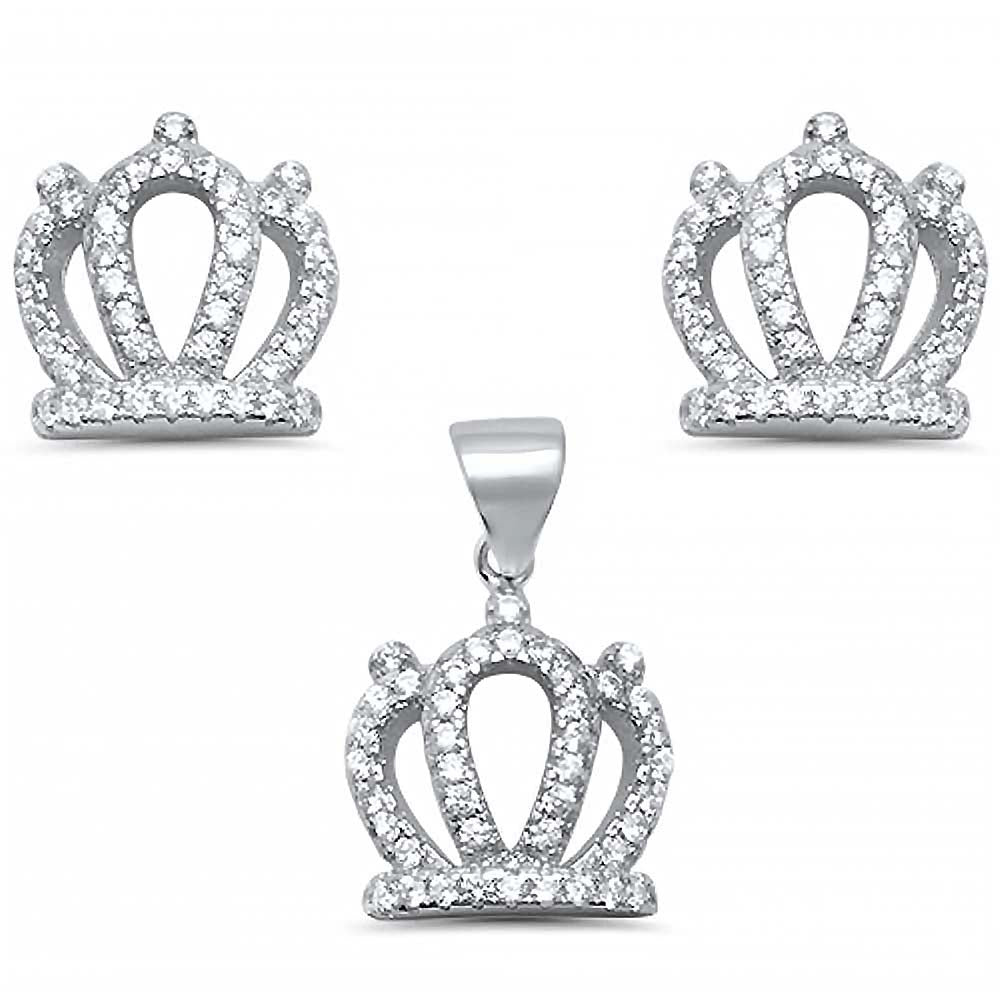 Sterling Silver Cute Crown Cubic Zirconia Earring And Pendant Set