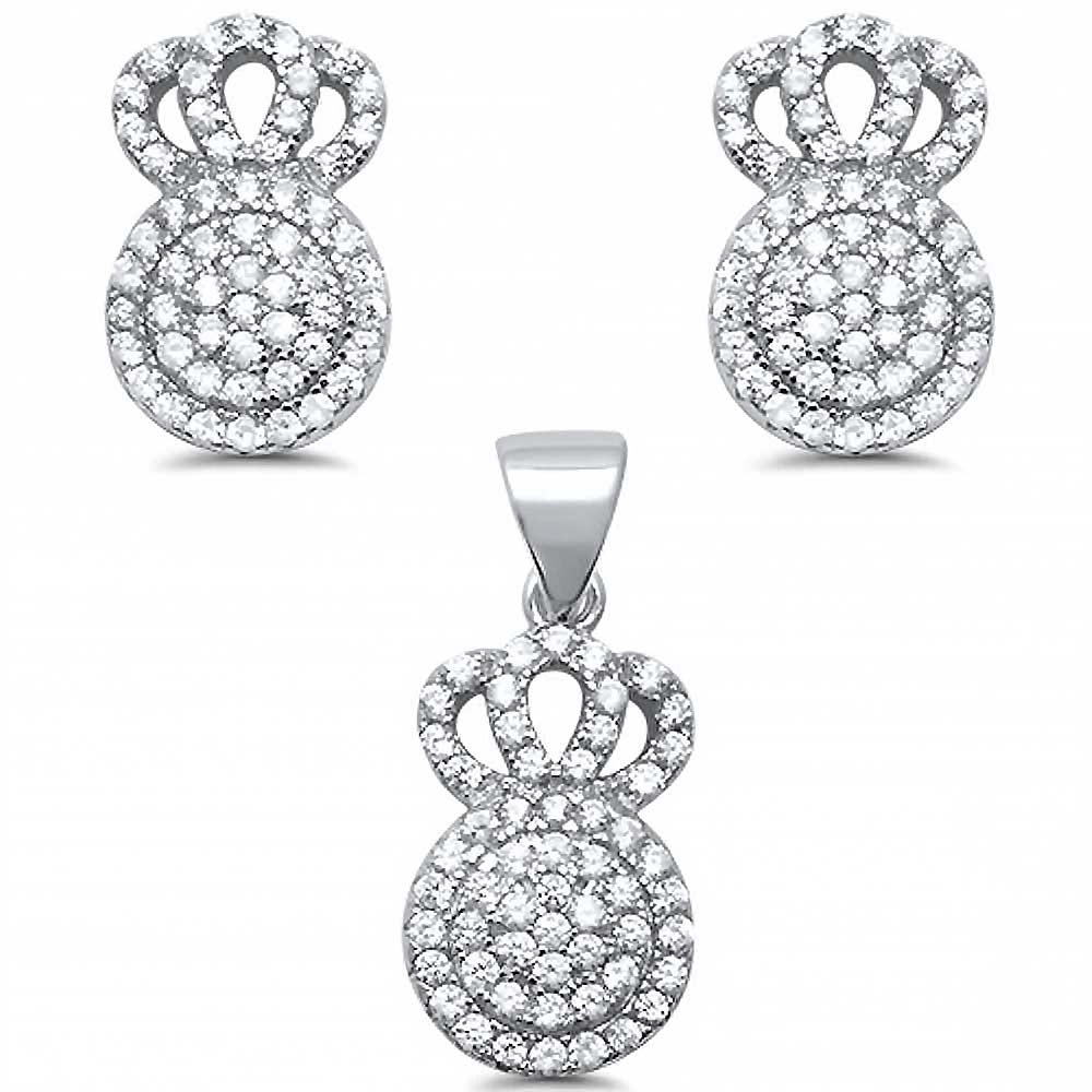 Sterling Silver Crown Halo Micro Pave Stud Earring And Pendant Set